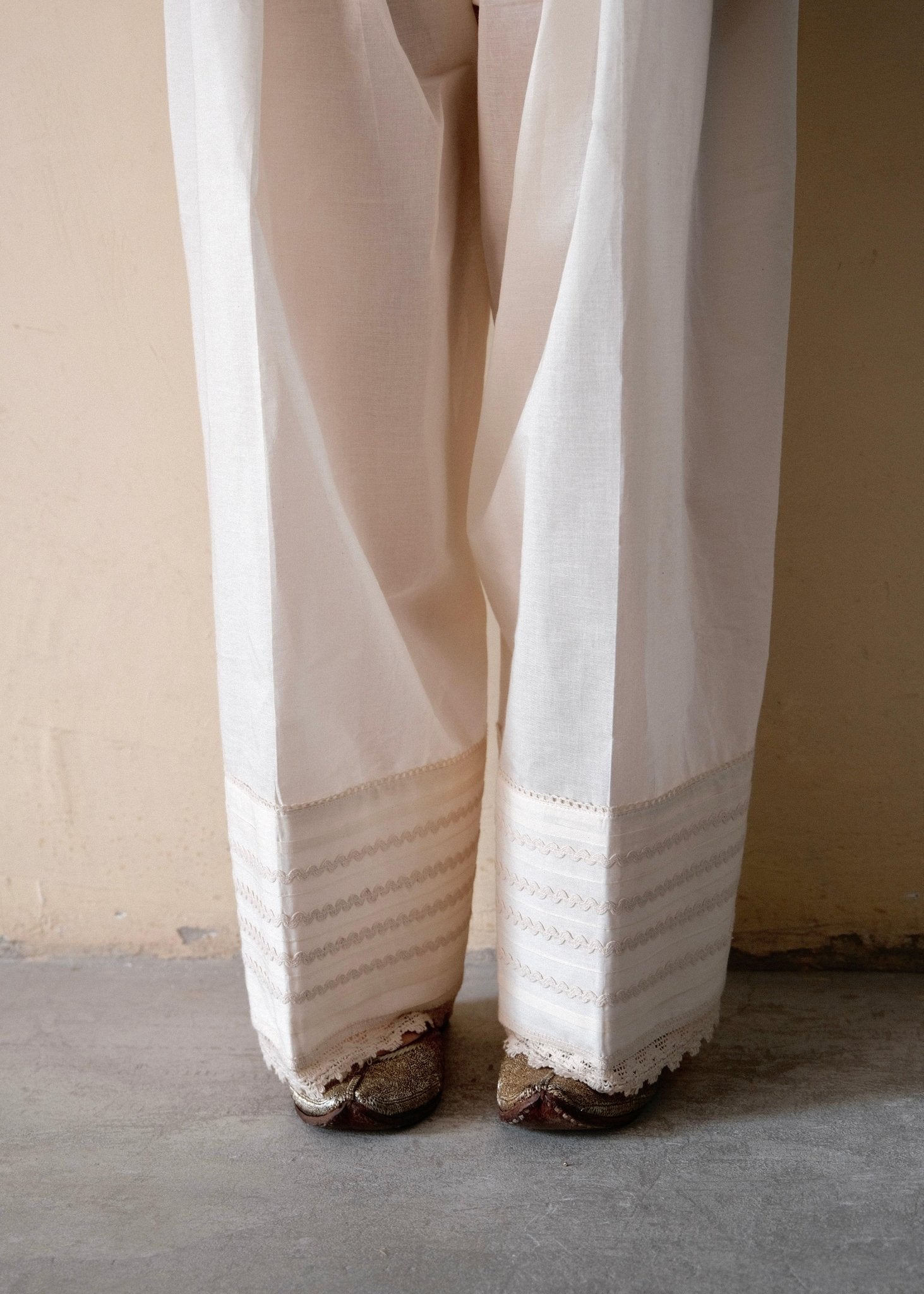 Cream (greige) cotton farshi salwar with lace detail - Sohni