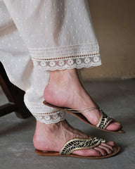 Cream (greige) dobby cotton salwar with scalloped lace and pintucks - Sohni