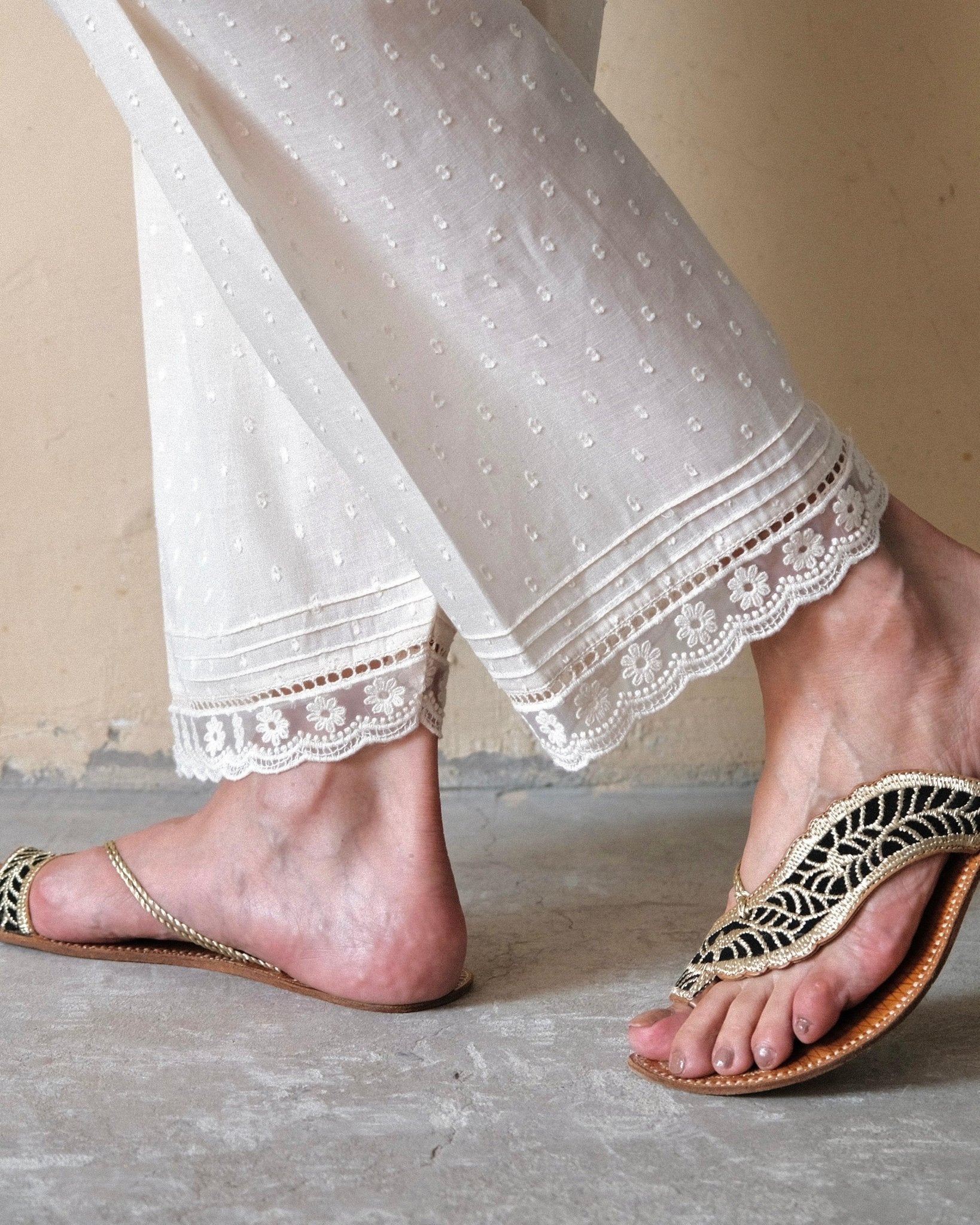 Cream (greige) dobby cotton salwar with scalloped lace and pintucks - Sohni