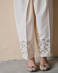 Cream (greige) Urmul handloom cotton salwar with appliqué embroidery border - Sohni