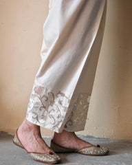 Cream (greige) Urmul handloom cotton salwar with appliqué embroidery border - Sohni