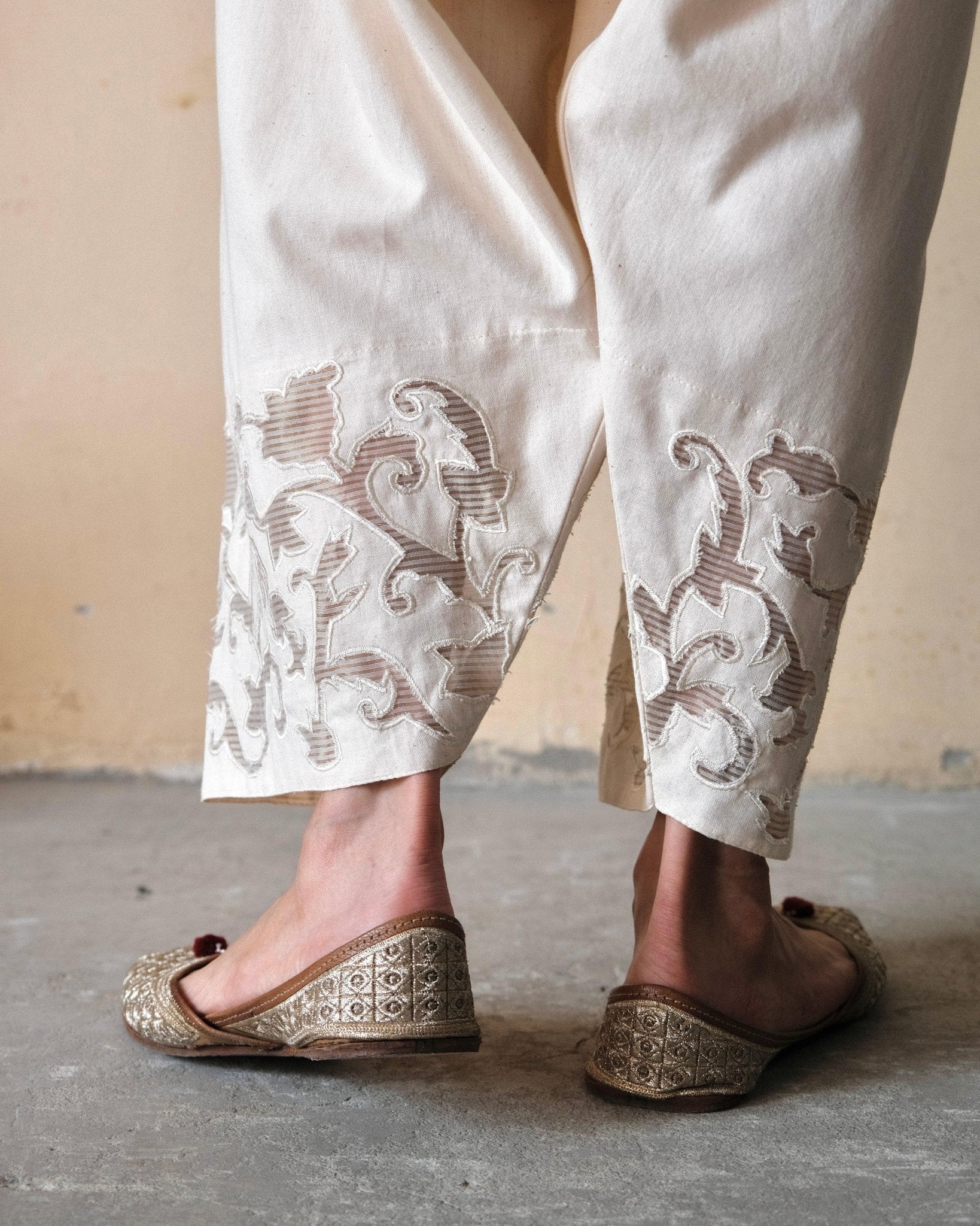 Cream (greige) Urmul handloom cotton salwar with appliqué embroidery border - Sohni