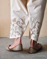 Cream (greige) Urmul handloom cotton salwar with appliqué embroidery border - Sohni