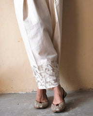 Cream (greige) Urmul handloom cotton salwar with appliqué embroidery border - Sohni