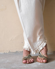 Cream (greige) Urmul handloom cotton salwar with mirrors and frill - Slanted ankle opening, raised at the heel - Sohni