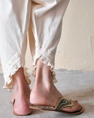 Cream (greige) Urmul handloom cotton salwar with mirrors and frill - Slanted ankle opening, raised at the heel - Sohni