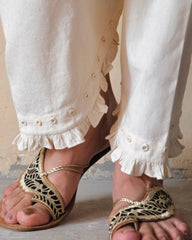 Cream (greige) Urmul handloom cotton salwar with mirrors and frill - Slanted ankle opening, raised at the heel - Sohni