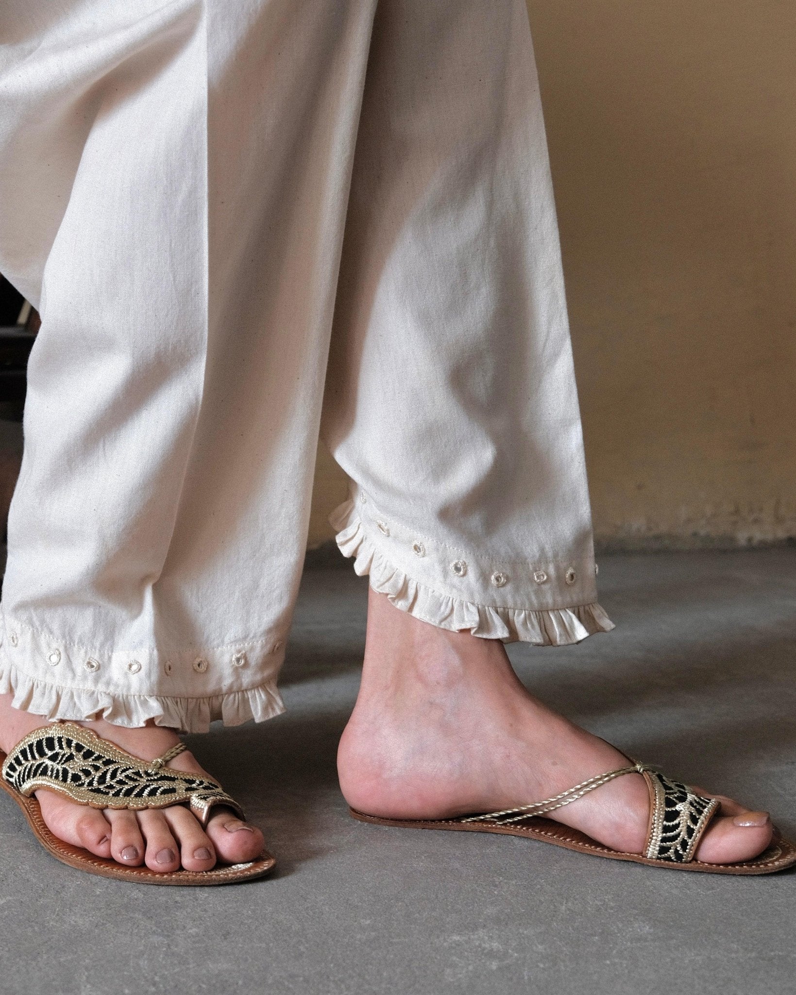 Cream (greige) Urmul handloom cotton salwar with mirrors and frill - Slanted ankle opening, raised at the heel - Sohni