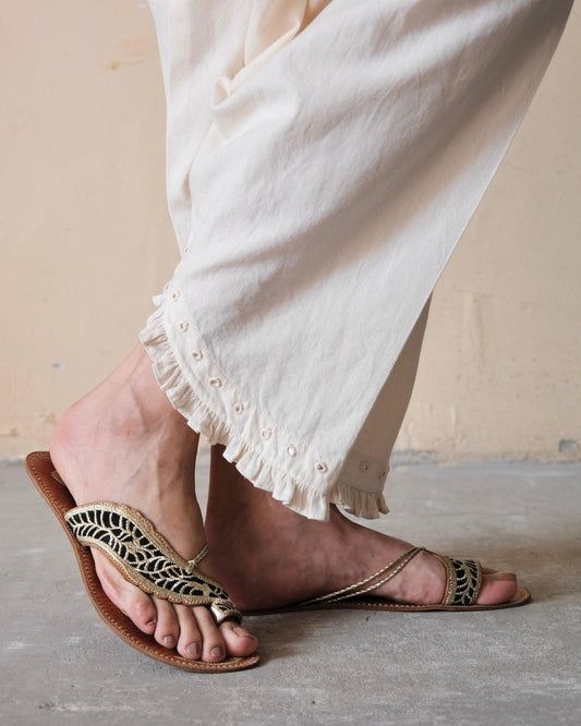 Cream (greige) Urmul handloom cotton salwar with mirrors and frill - Slanted ankle opening, raised at the heel - Sohni