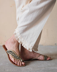 Cream (greige) Urmul handloom cotton salwar with mirrors and frill - Slanted ankle opening, raised at the heel - Sohni