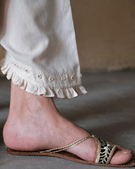 Cream (greige) Urmul handloom cotton salwar with mirrors and frill - Slanted ankle opening, raised at the heel - Sohni