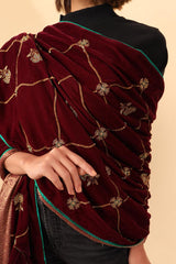 Wine reversible hand embroidered velvet odhni - Sohni