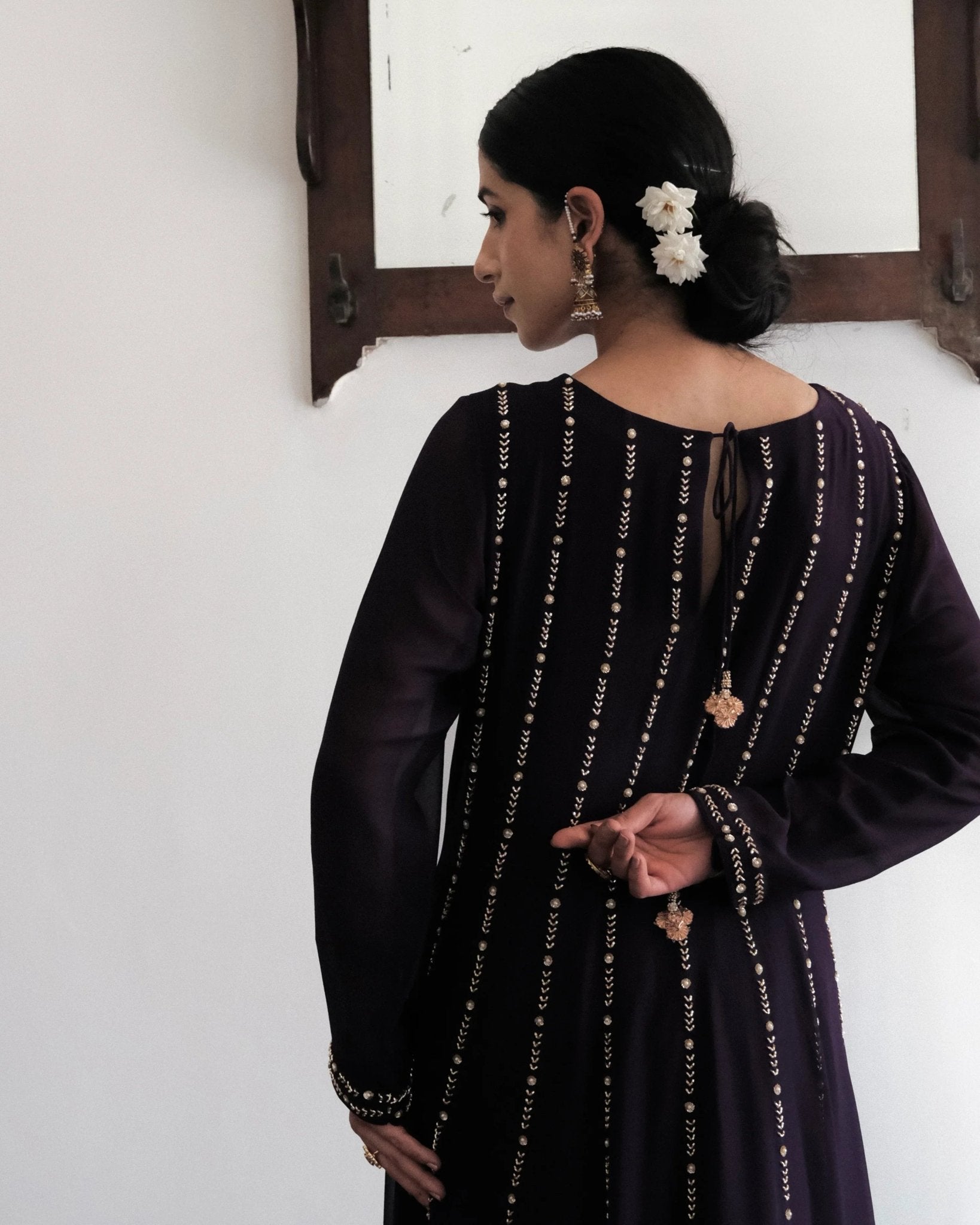 Deep purple anarkali with wide pants and organza dupatta - Sohni