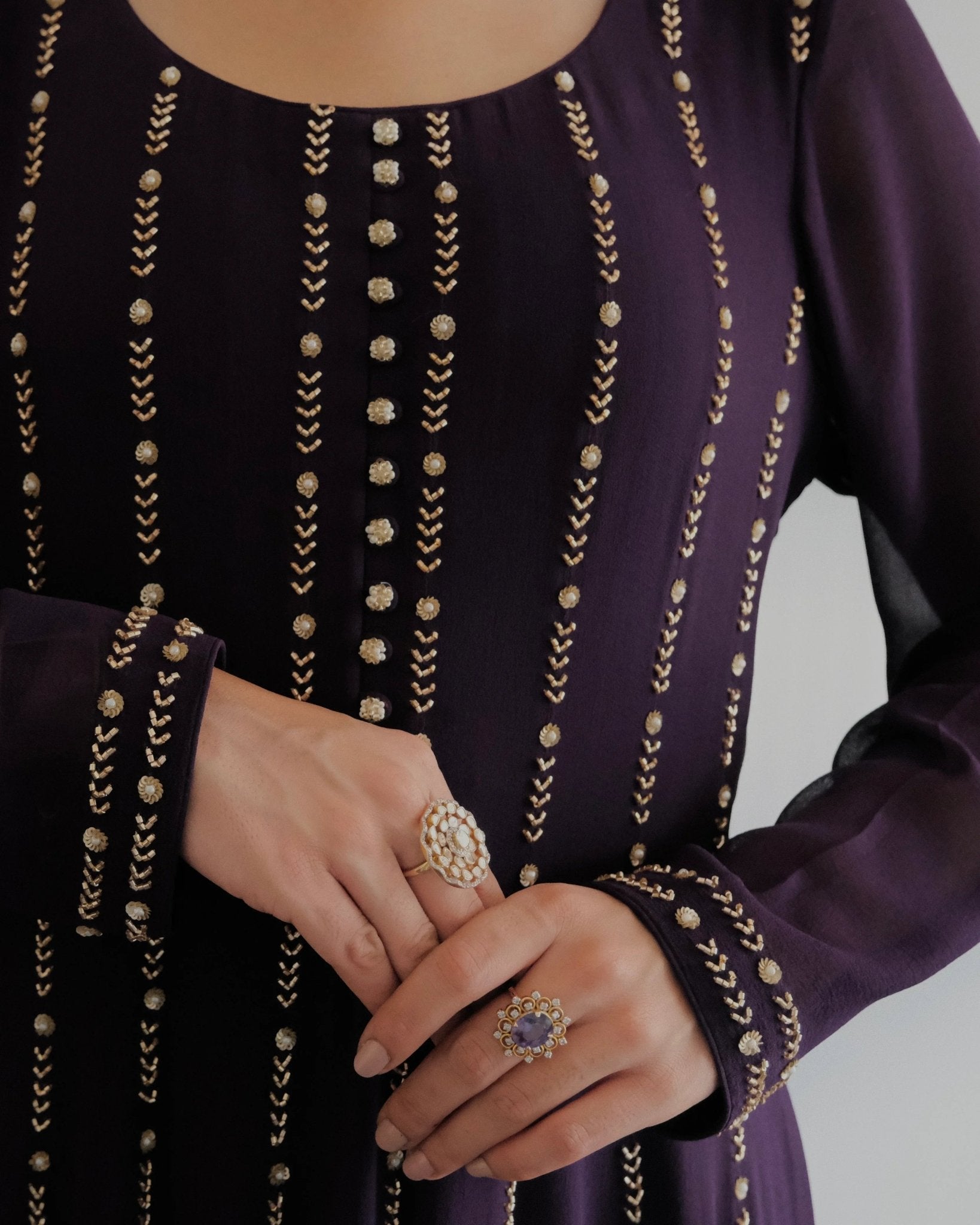 Deep purple anarkali with wide pants and organza dupatta - Sohni