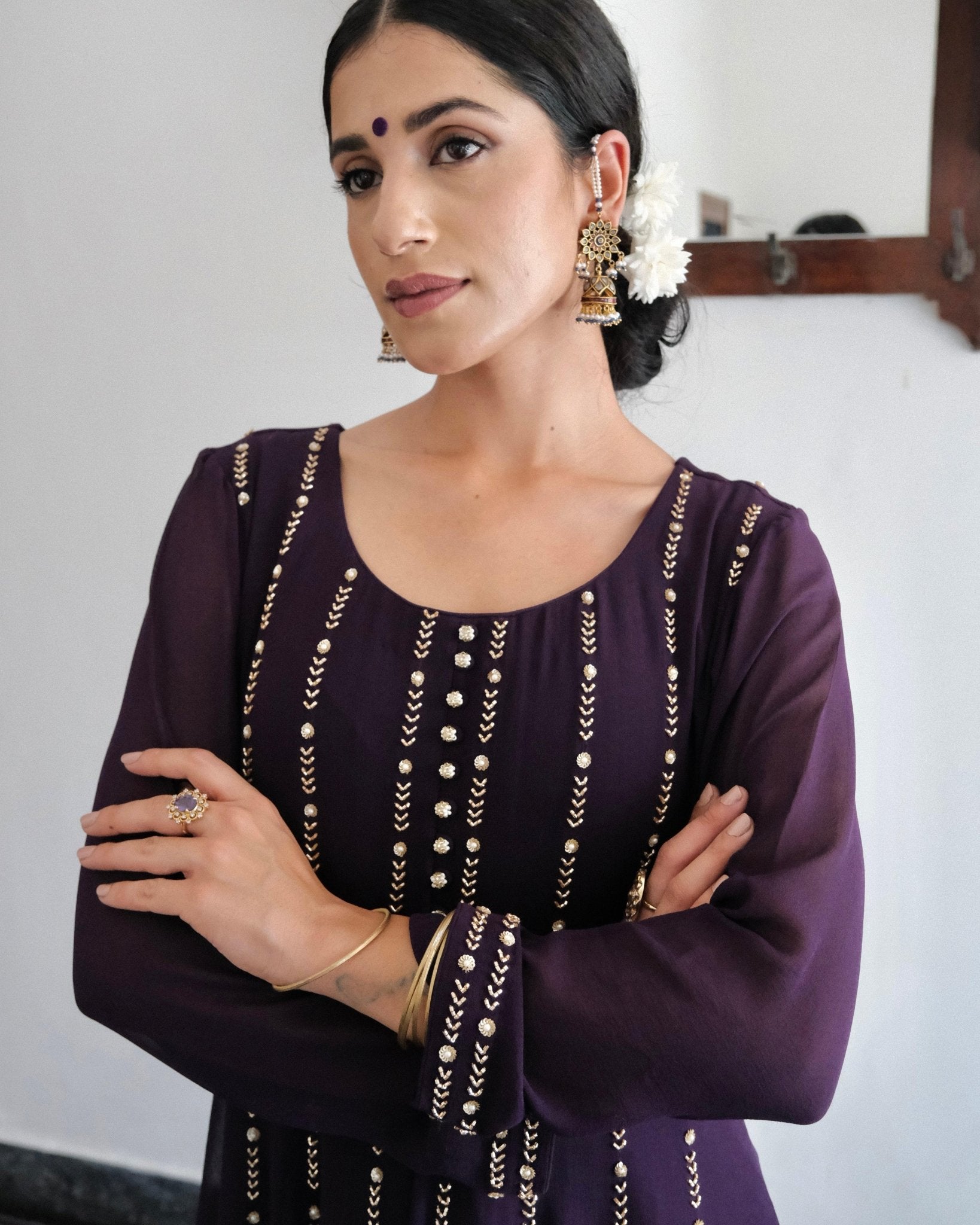 Deep purple anarkali with wide pants and organza dupatta - Sohni