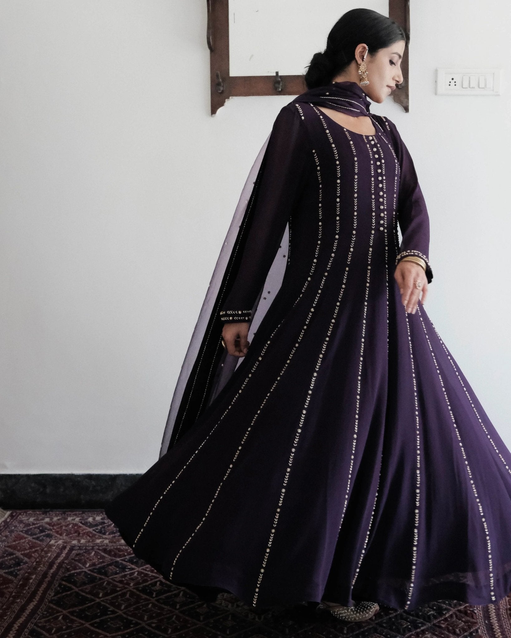 Deep purple anarkali with wide pants and organza dupatta - Sohni