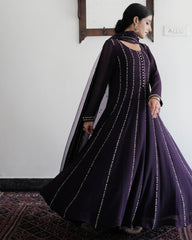 Deep purple anarkali with wide pants and organza dupatta - Sohni