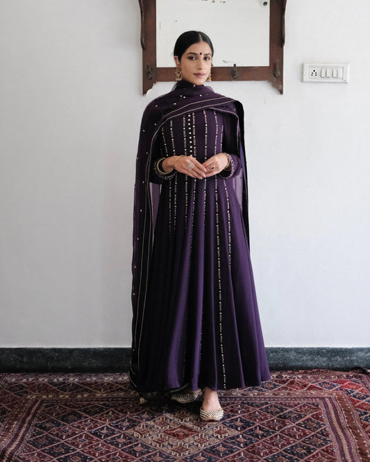 Deep purple anarkali with wide pants and organza dupatta - Sohni
