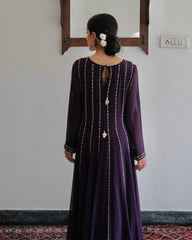 Deep purple anarkali with wide pants and organza dupatta - Sohni