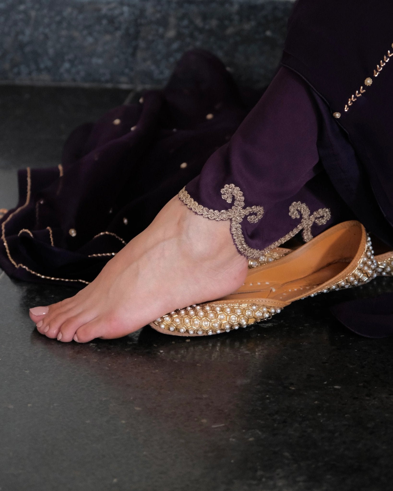 Deep purple anarkali with wide pants and organza dupatta - Sohni