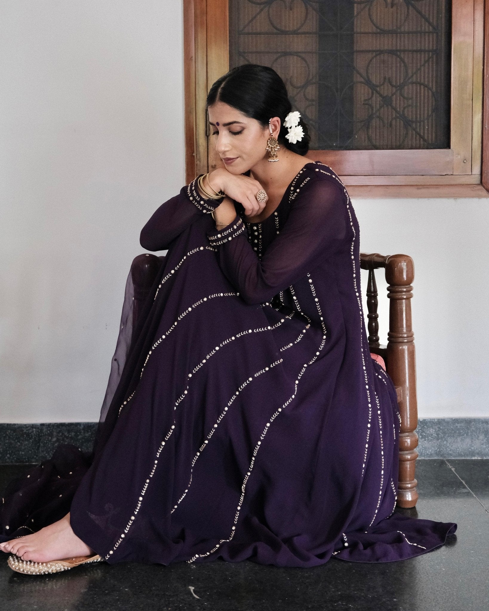 Deep purple anarkali with wide pants and organza dupatta - Sohni