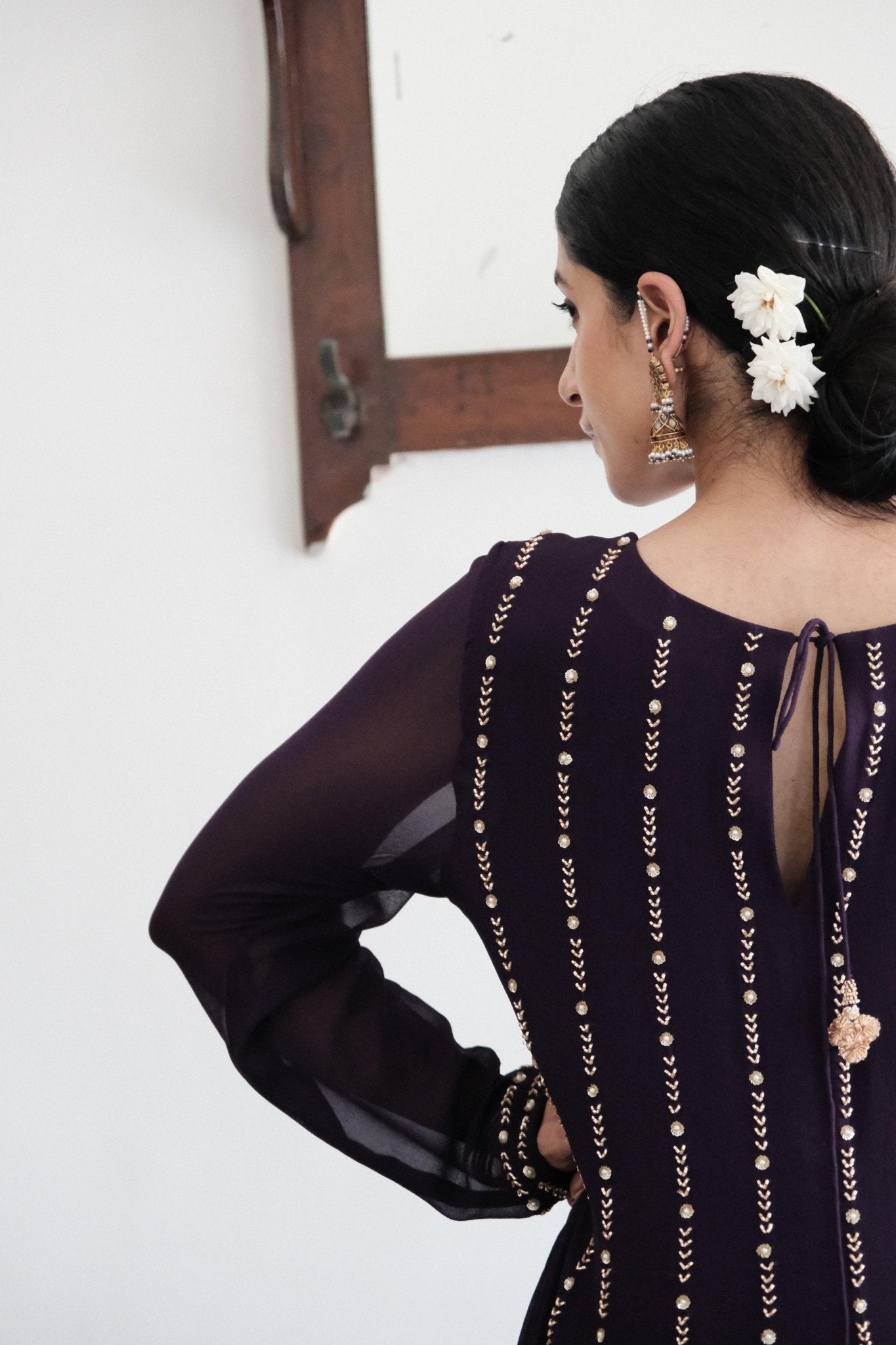 Deep purple anarkali with wide pants and organza dupatta - Sohni