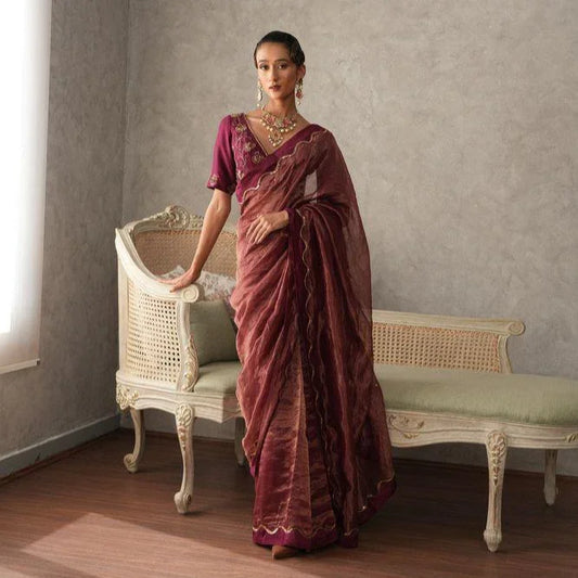 Burgundy striped tissue saree with sequinned waves embroidery - Sohni