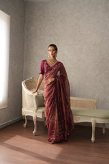 Burgundy striped tissue saree with sequinned waves embroidery