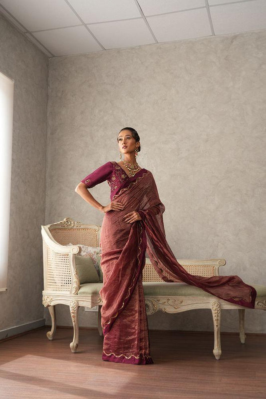 Burgundy striped tissue saree with sequinned waves embroidery - Sohni