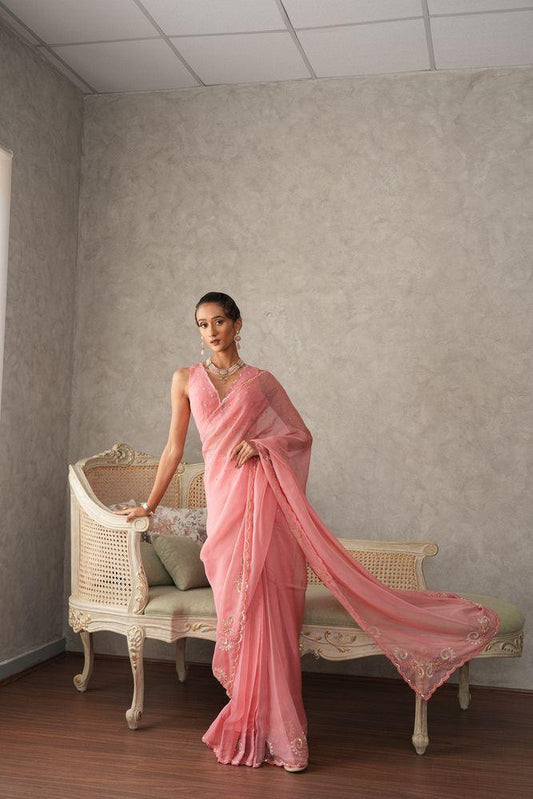 Bubble gum pink silk organza saree with boota embroidery border - Sohni