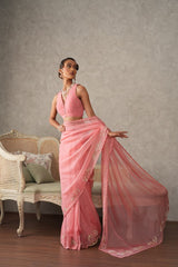Bubble gum pink silk organza saree with boota embroidery border