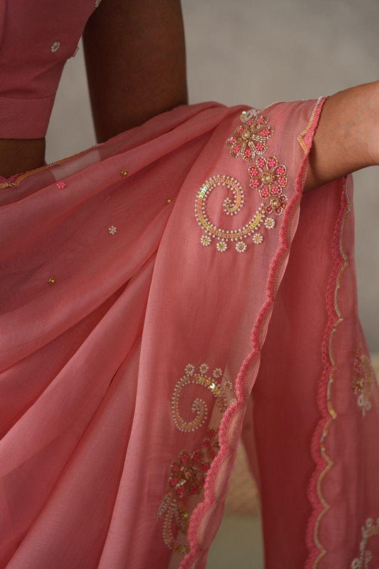 Bubble gum pink silk organza saree with boota embroidery border - Sohni