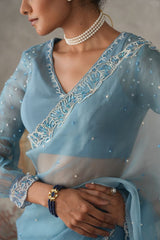 Sky blue organza saree with pearls embroidery  cutwork border