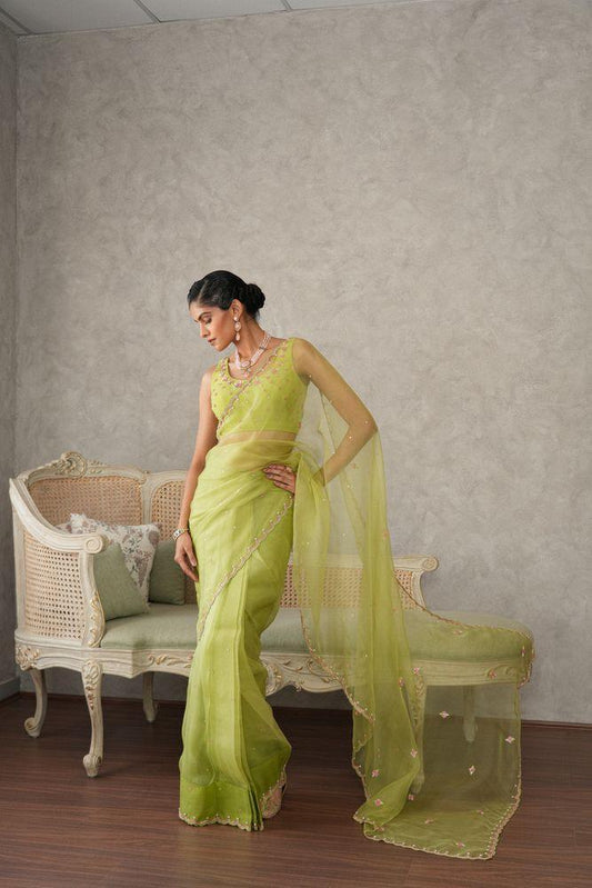 Lime green organza saree with floral embroidery blouse - Sohni