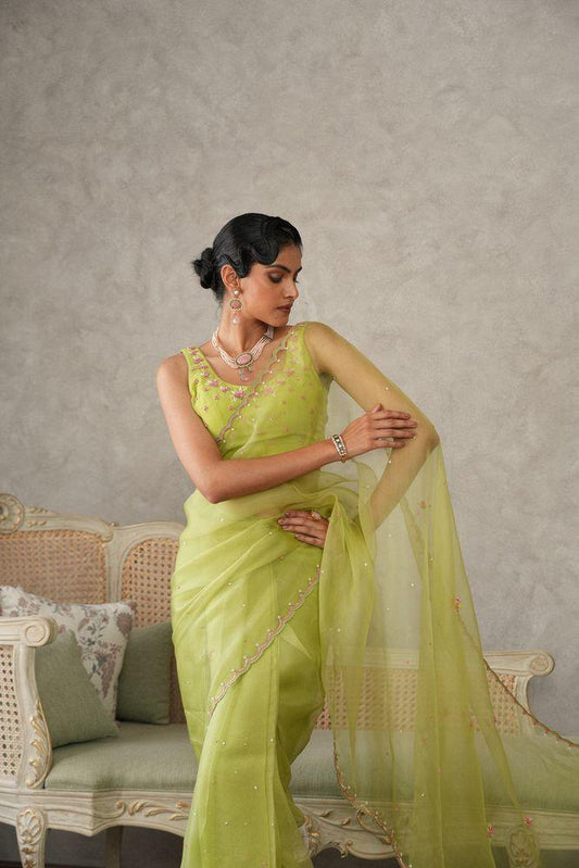 Lime green organza saree with floral embroidery blouse - Sohni
