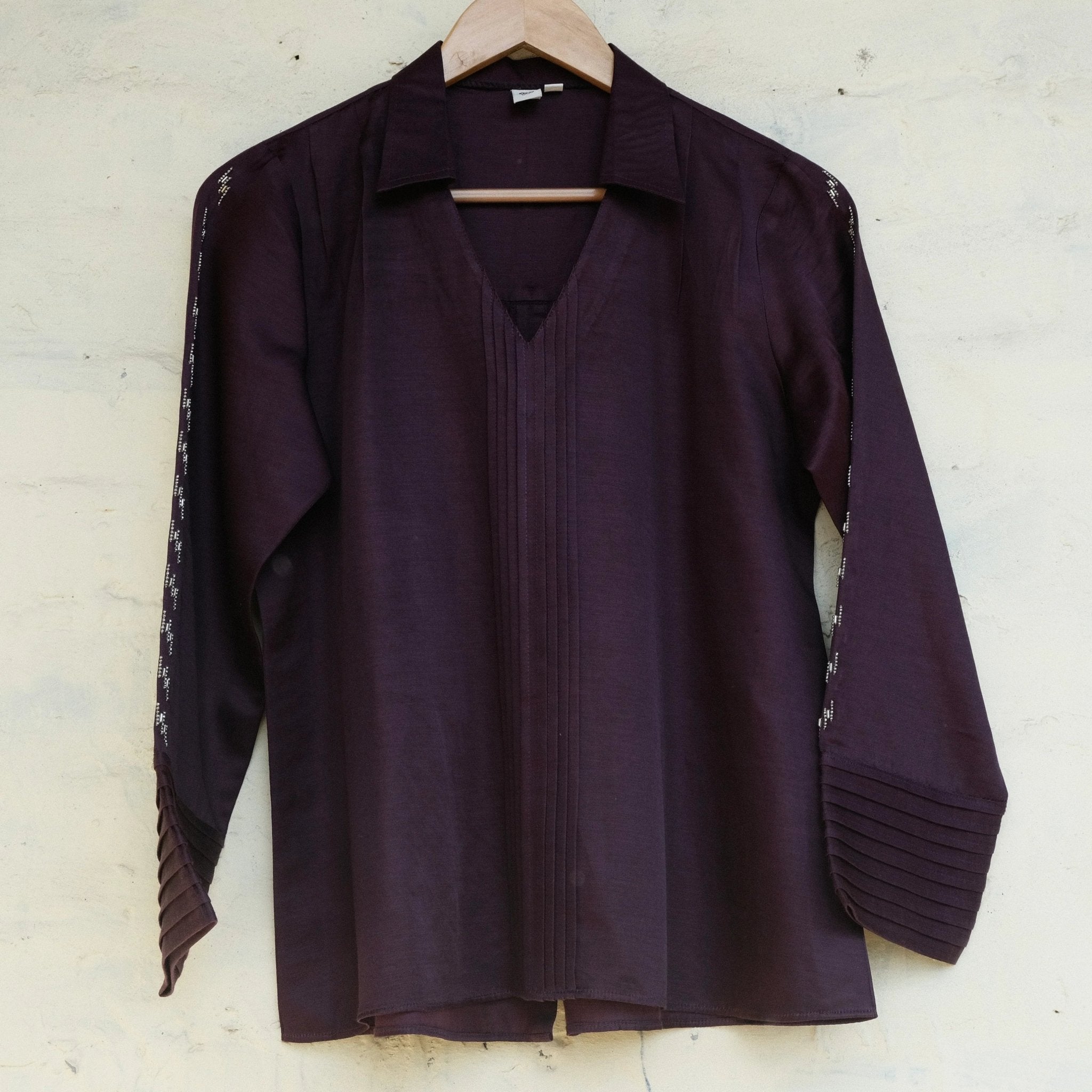 Eggplant cotton satin Johnny collar shirt - Sohni