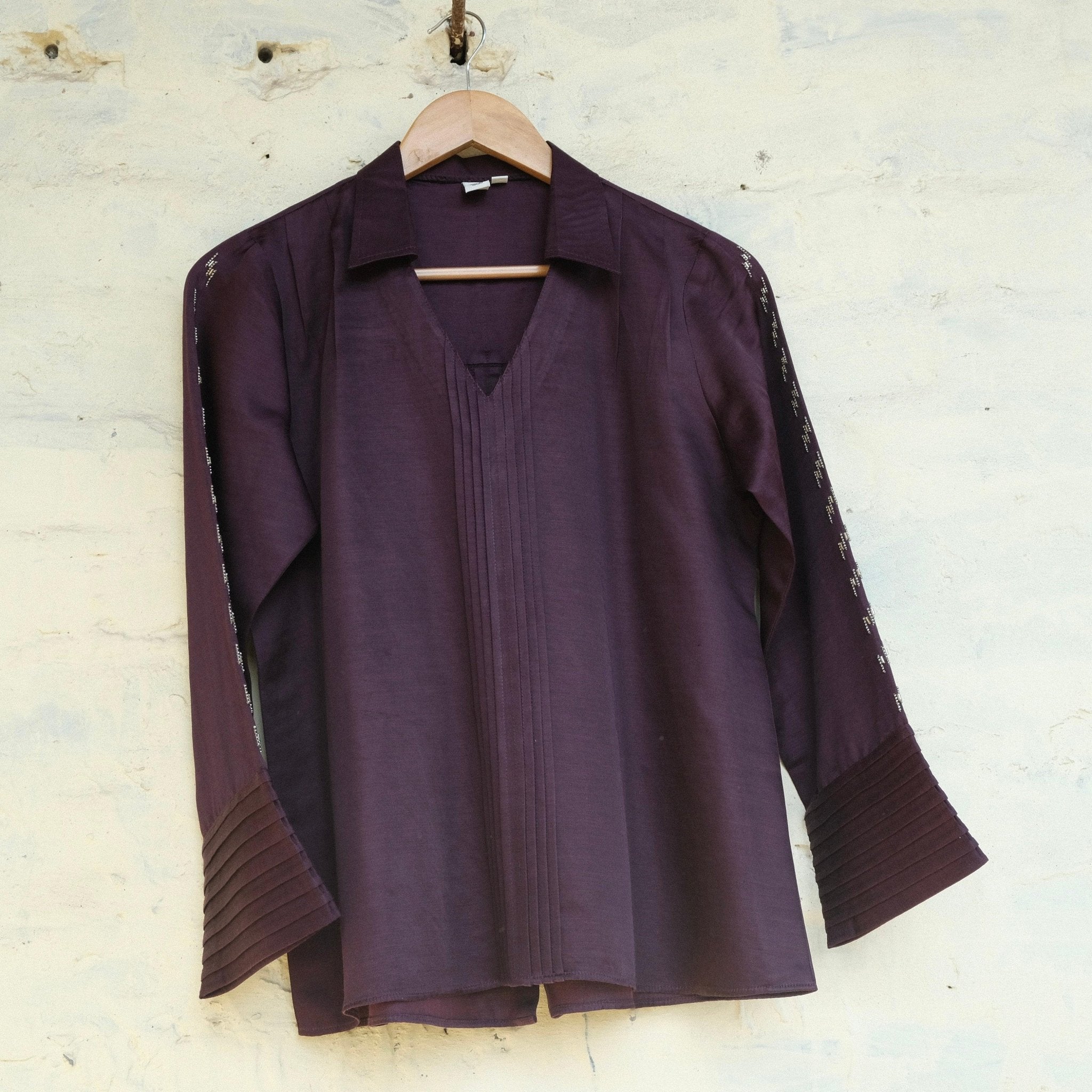 Eggplant cotton satin Johnny collar shirt - Sohni