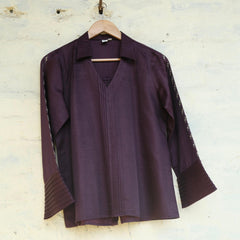 Eggplant cotton satin Johnny collar shirt - Sohni