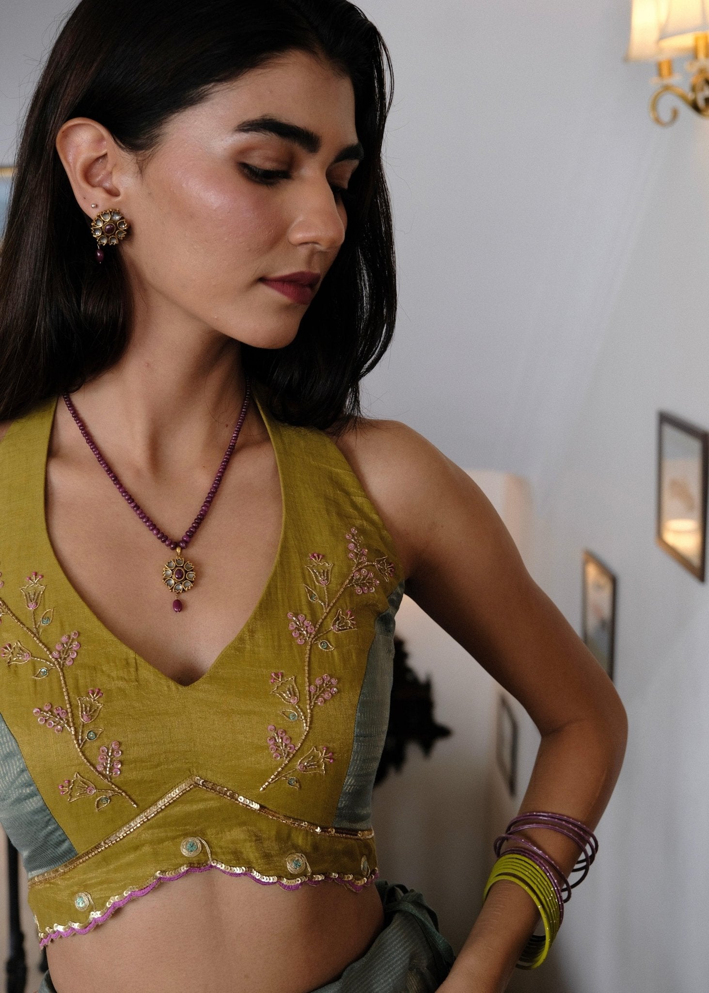 Eggshell blue and mehndi tissue chanderi layered lehenga, halter blouse and striped tissue chanderi dupatta - Sohni