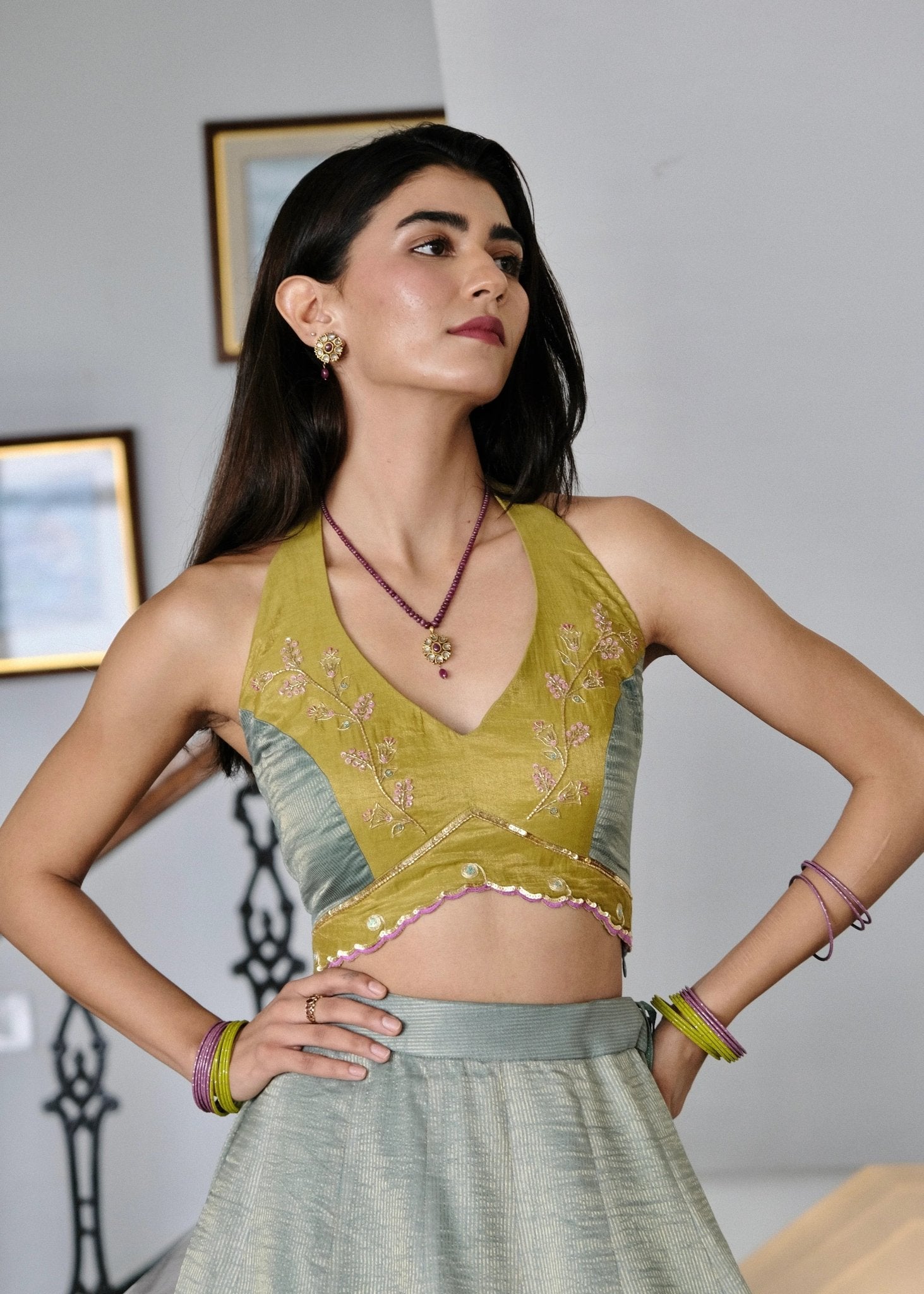 Eggshell blue and mehndi tissue chanderi layered lehenga, halter blouse and striped tissue chanderi dupatta - Sohni