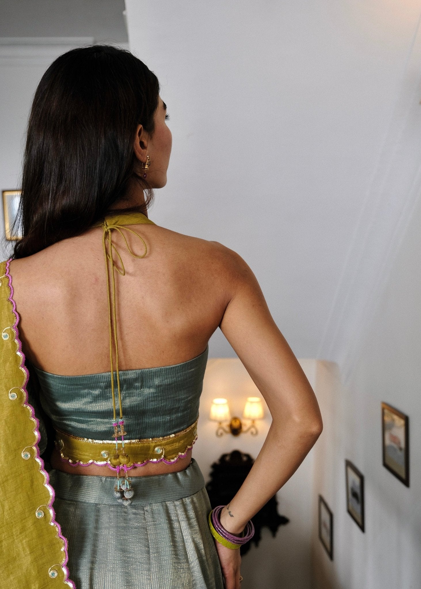 Eggshell blue and mehndi tissue chanderi layered lehenga, halter blouse and striped tissue chanderi dupatta - Sohni