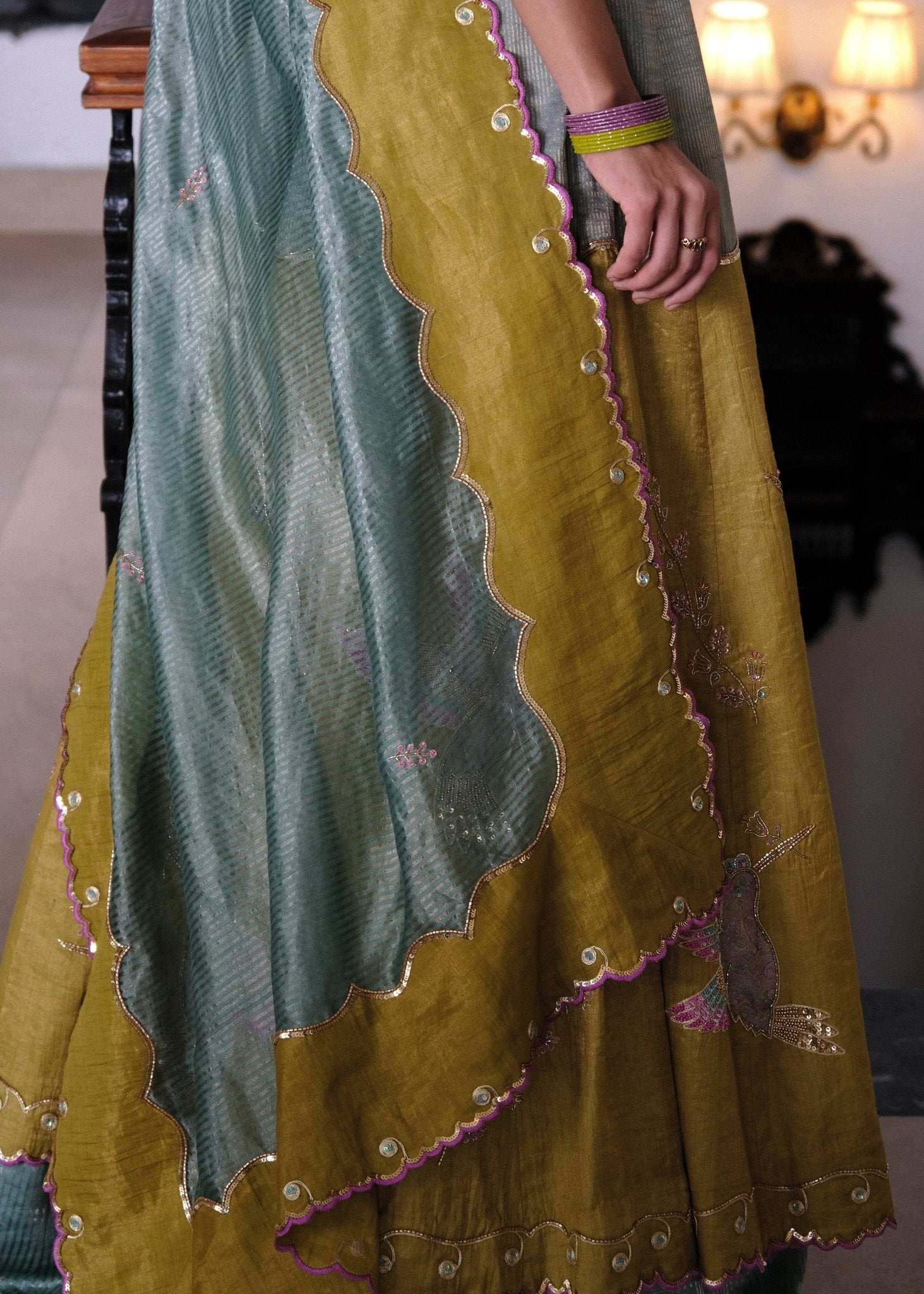 Eggshell blue and mehndi tissue chanderi layered lehenga, halter blouse and striped tissue chanderi dupatta - Sohni