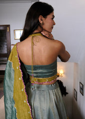 Eggshell blue and mehndi tissue chanderi layered lehenga, halter blouse and striped tissue chanderi dupatta - Sohni