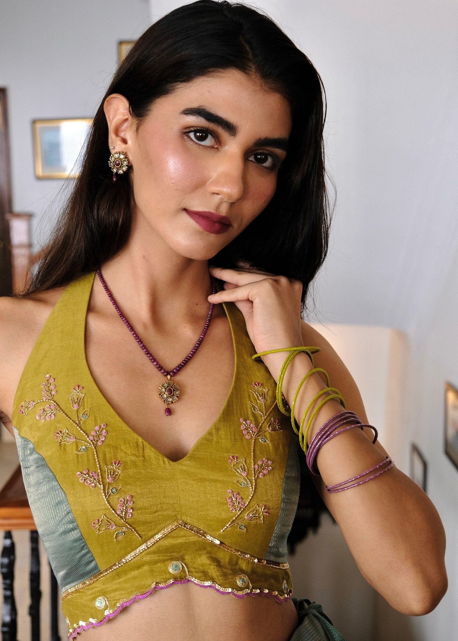 Eggshell blue and mehndi tissue chanderi layered lehenga, halter blouse and striped tissue chanderi dupatta - Sohni