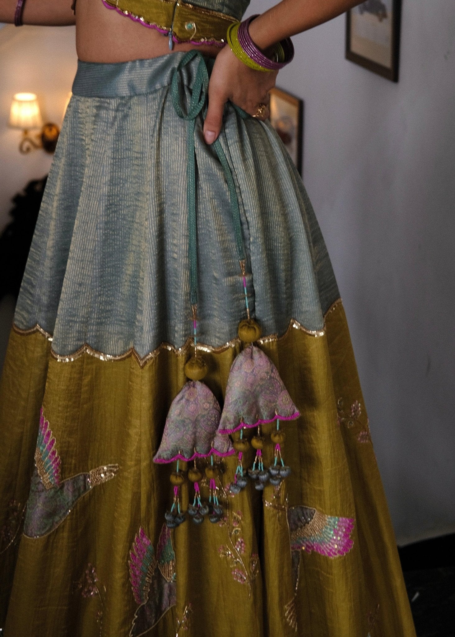 Eggshell blue and mehndi tissue chanderi layered lehenga, halter blouse and striped tissue chanderi dupatta - Sohni