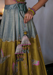Eggshell blue and mehndi tissue chanderi layered lehenga, halter blouse and striped tissue chanderi dupatta - Sohni