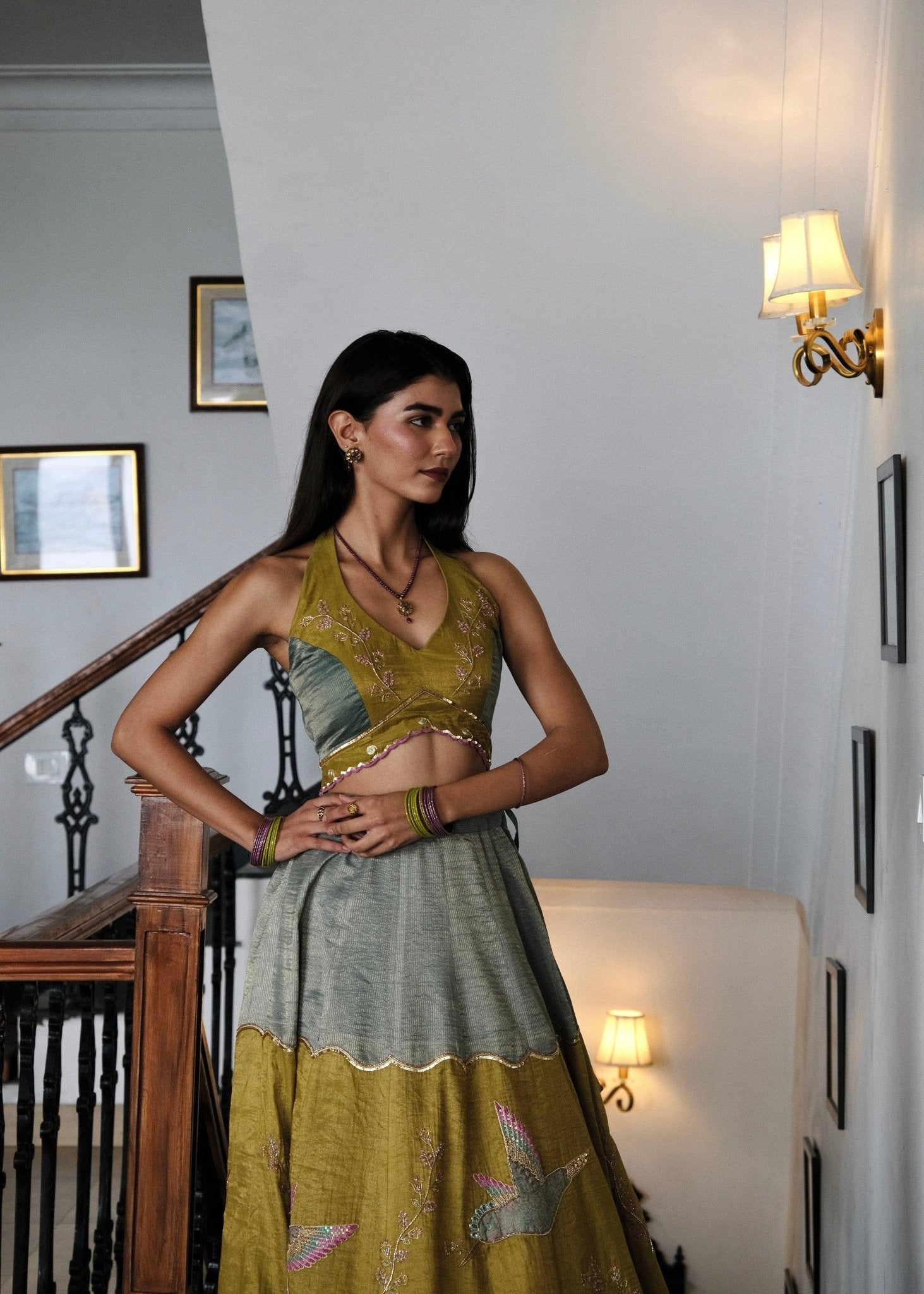 Eggshell blue and mehndi tissue chanderi layered lehenga, halter blouse and striped tissue chanderi dupatta - Sohni