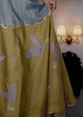 Eggshell blue and mehndi tissue chanderi layered lehenga, halter blouse and striped tissue chanderi dupatta - Sohni