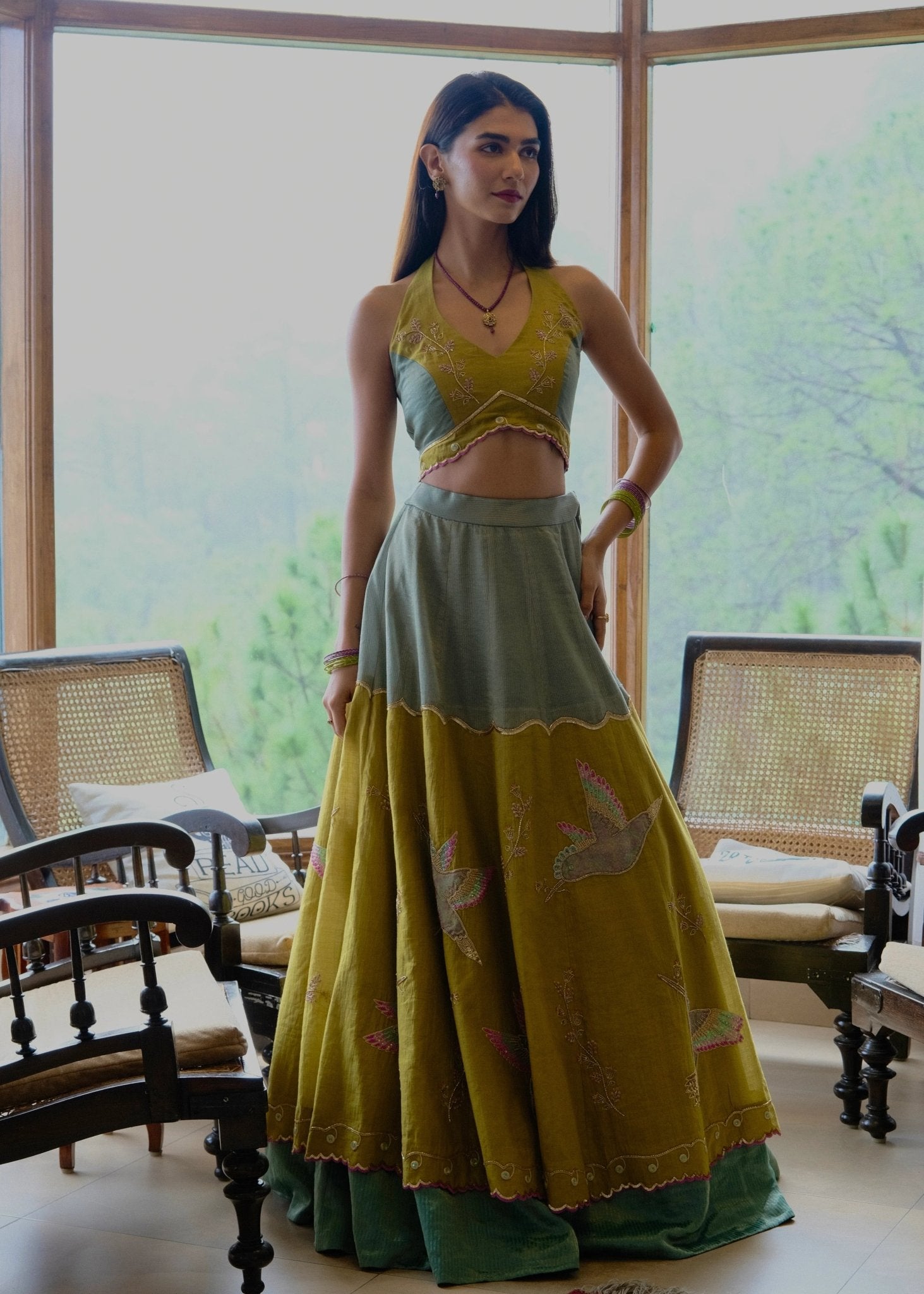 Eggshell blue and mehndi tissue chanderi layered lehenga, halter blouse and striped tissue chanderi dupatta - Sohni