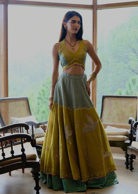 Eggshell blue and mehndi tissue chanderi layered lehenga, halter blouse and striped tissue chanderi dupatta - Sohni